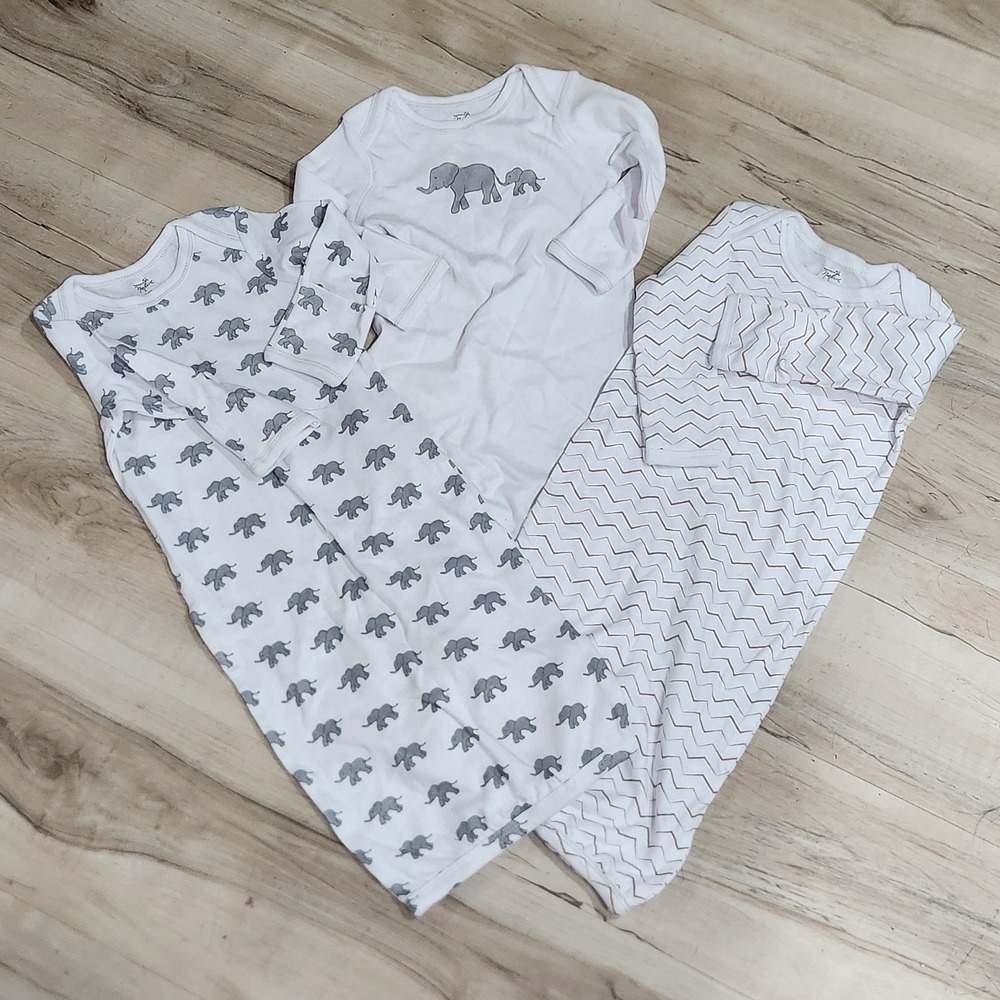 Touched by Nature Organic Cotton Baby Gowns 3pk Elephant Chevron Grey White 0-6M